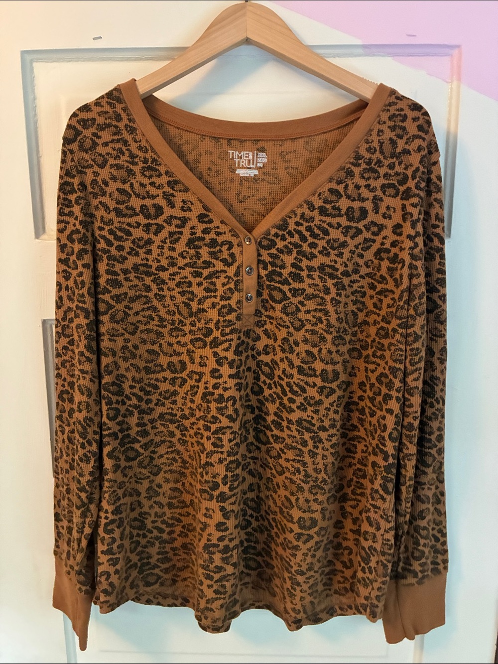 Time and Tru Brown Leopard-Print Henley Long Sleeve Top